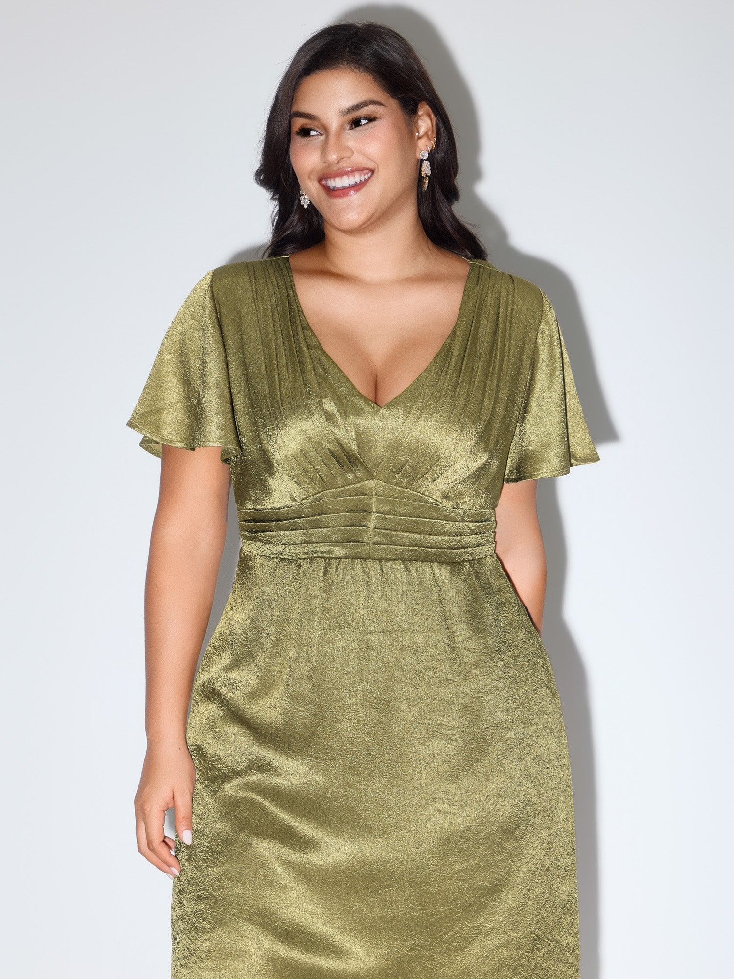 Shimmery Flared Sleeve V-Neck Midi Party Dress