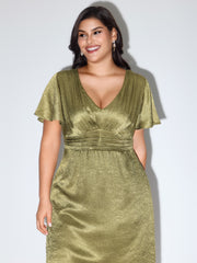 Shimmery Flared Sleeve V-Neck Midi Party Dress