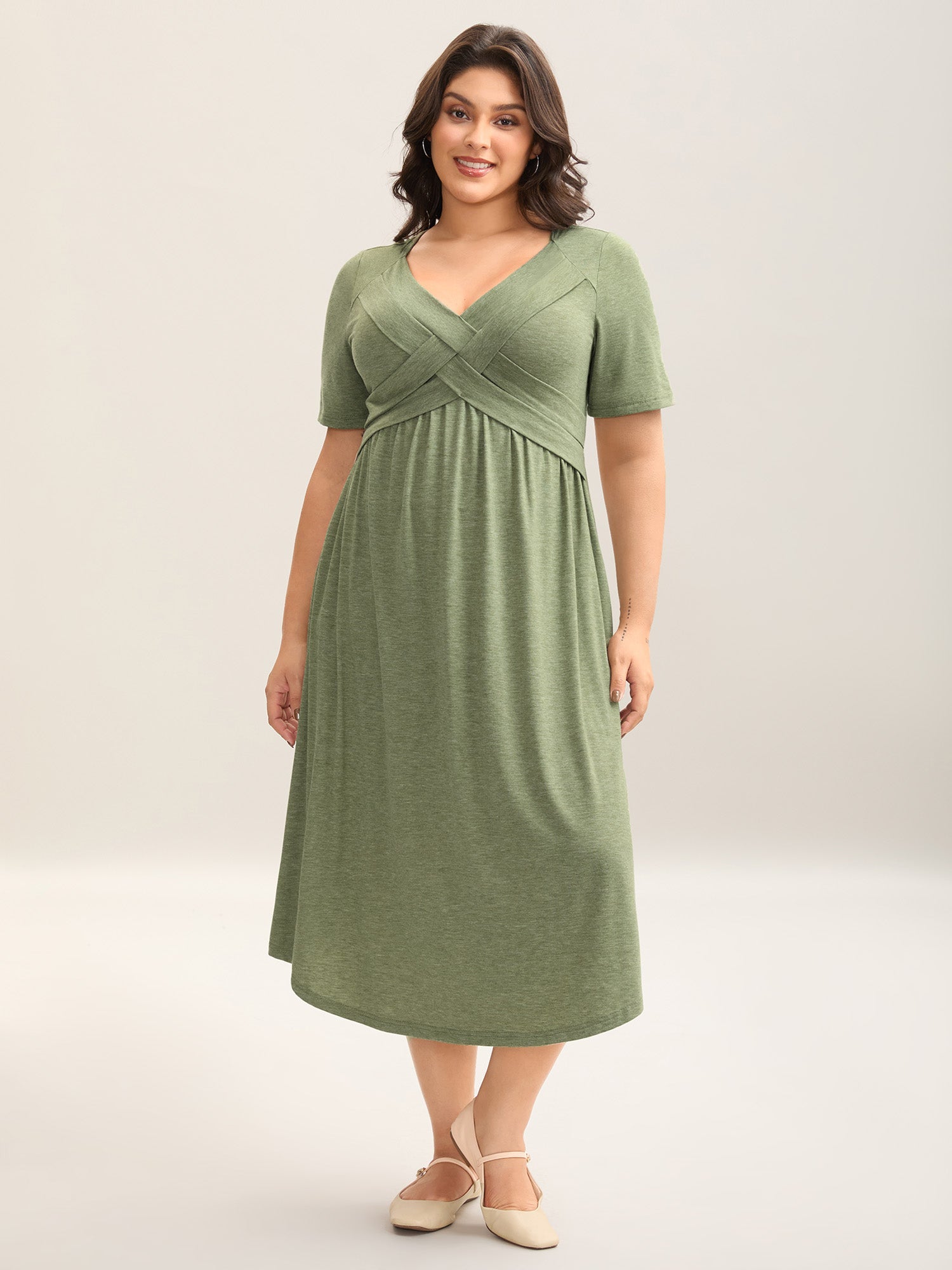 Crossover Bodice Stretchy Heather Midi Dress