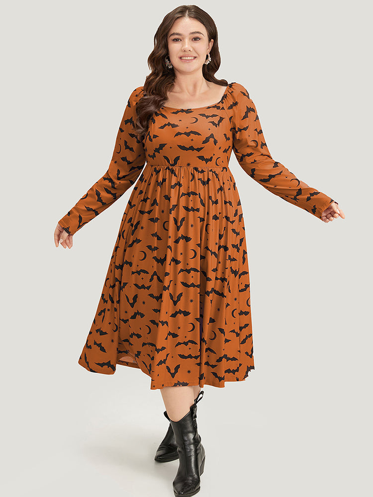 Halloween Bat Print Pocket Square Neck Dress