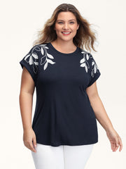 Leaf Embroidery Round Neck Split T-Shirt