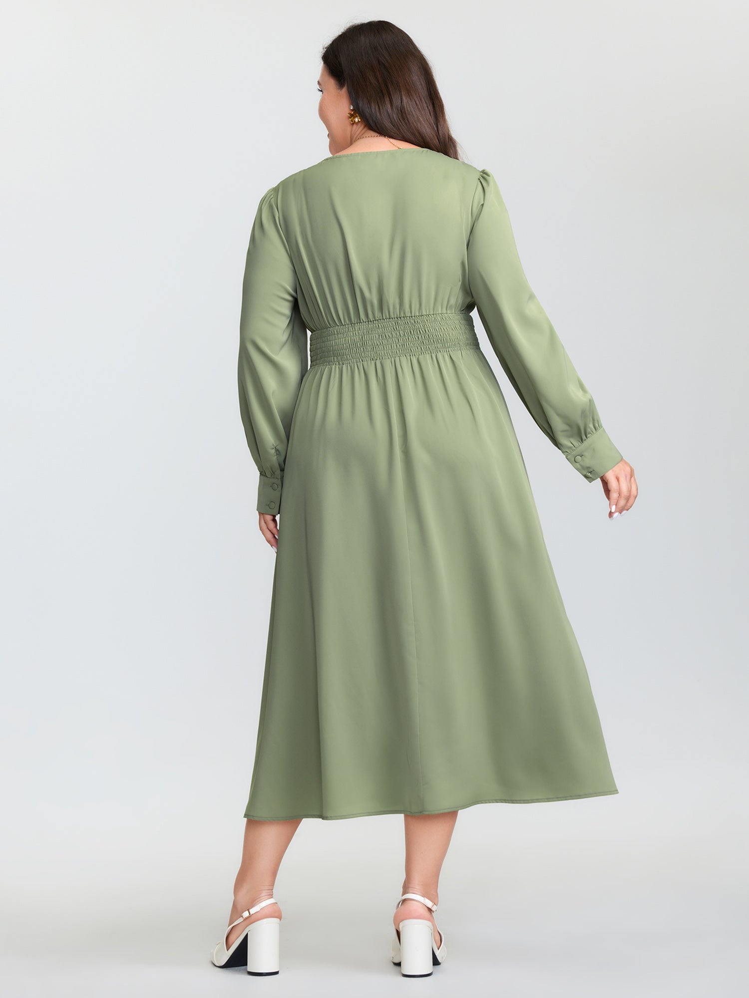 Pleated Waist Deep V-Neck Midi Dress