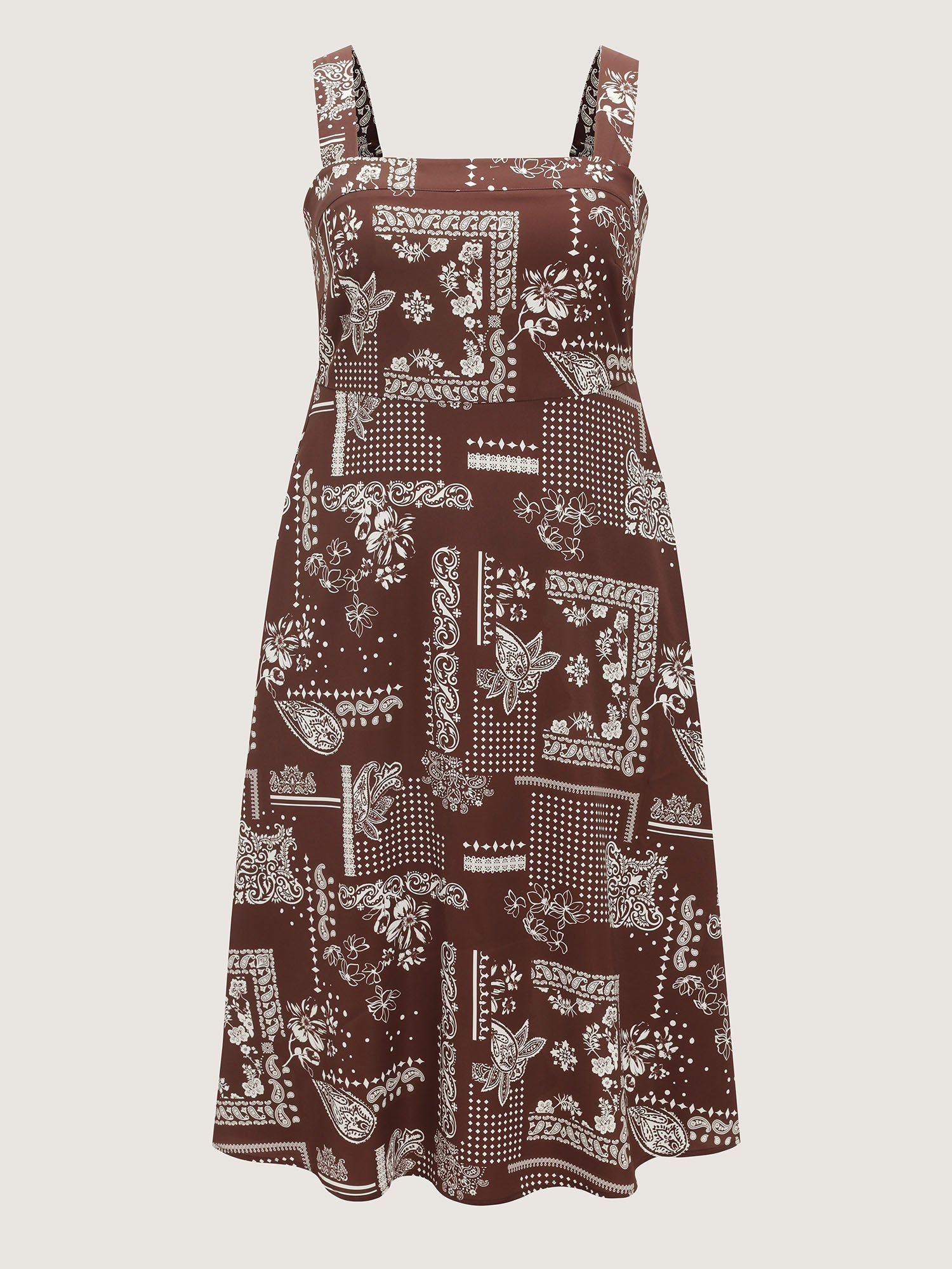 Geometric Print Shirred Overall Straps Midi Dress