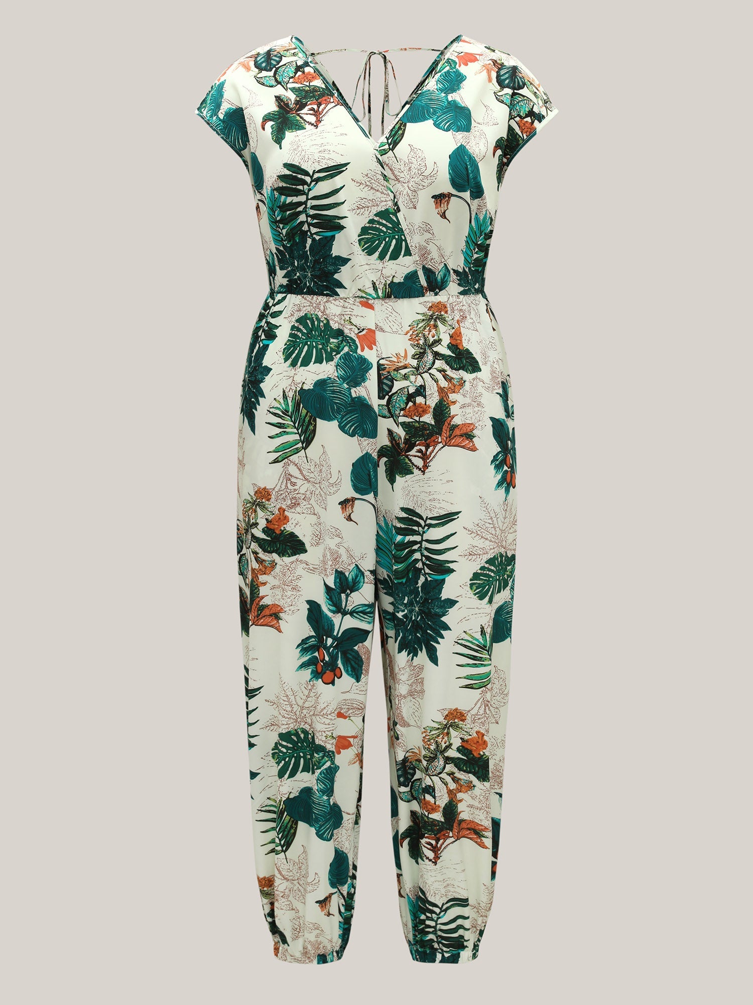 Tropical Print Surplice Neck Back Tie Jumpsuit