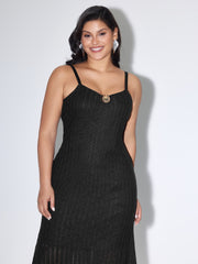 Shimmer Ribbed Gold Charm Detail Midi Dress