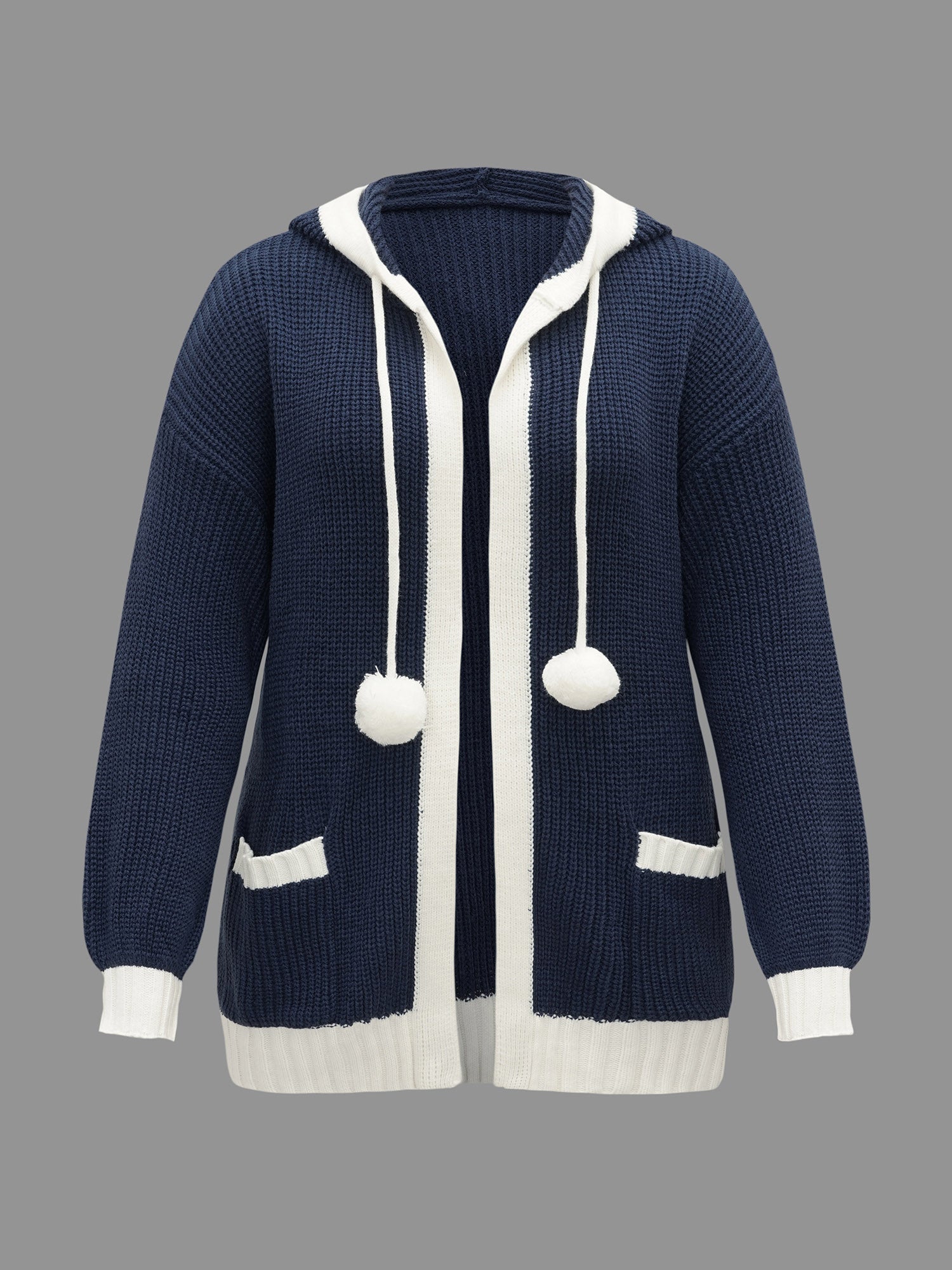 Contrast Hood Hemline Pockets Open Cardigan