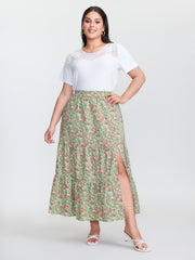 Floral Print Split Side Tiered Maxi Skirt
