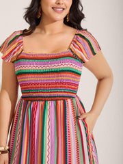 Colorful Stripe Flutter Sleeve Pockets Midi Dress