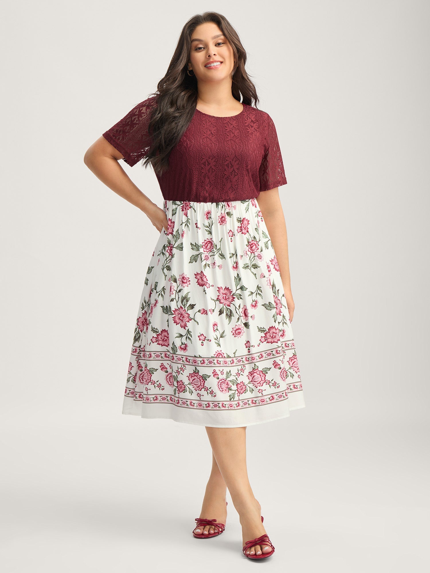 Floral Lace Stretchy Waist Contrast Midi Dress