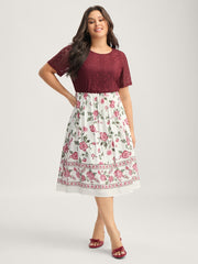 Floral Lace Stretchy Waist Contrast Midi Dress