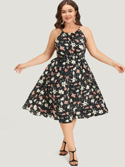 Floral Print Halter Shirred Pocket Ruffle Hem Dress