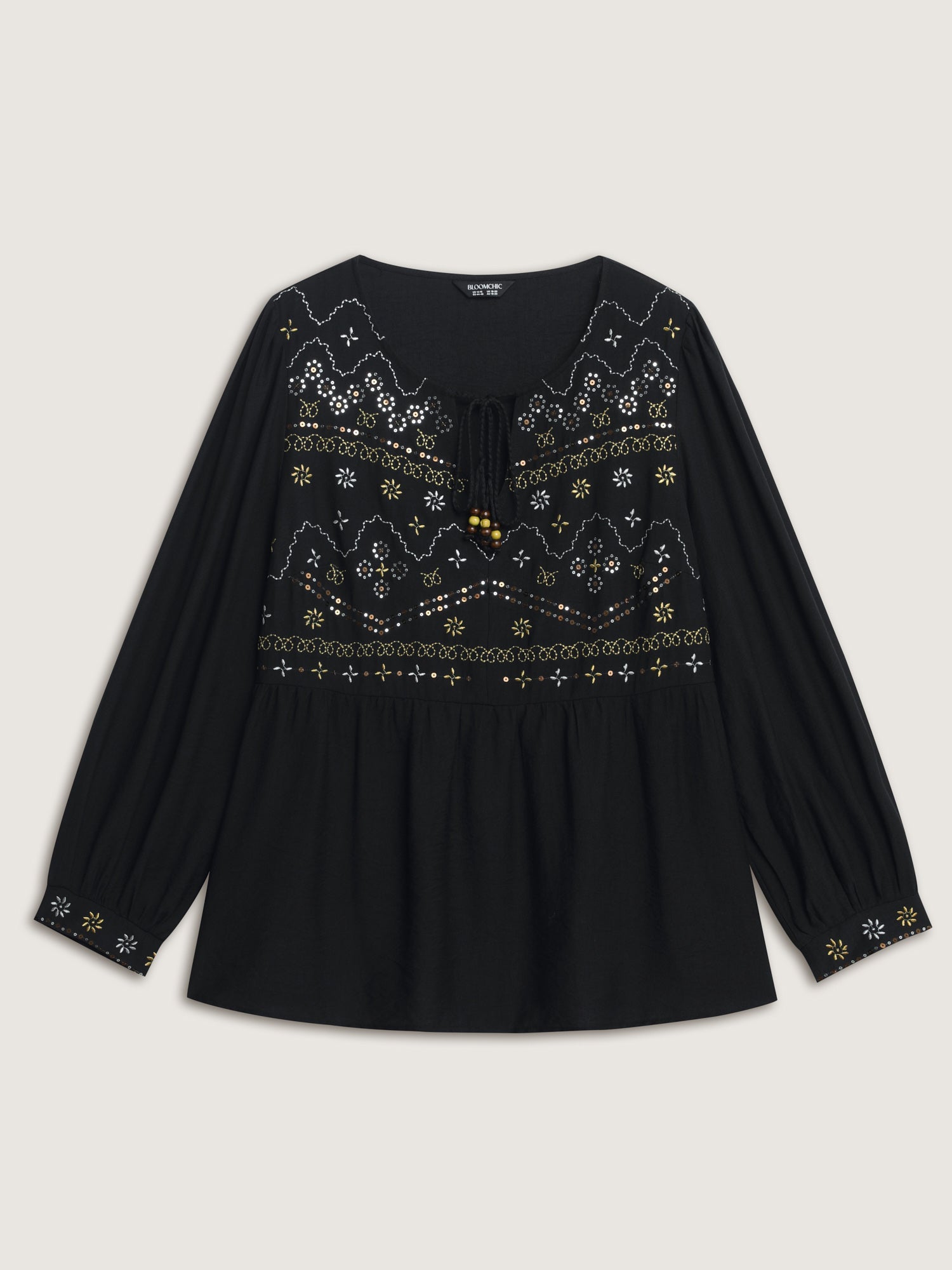 Sequin Embroidery Tassel Tie Blouse