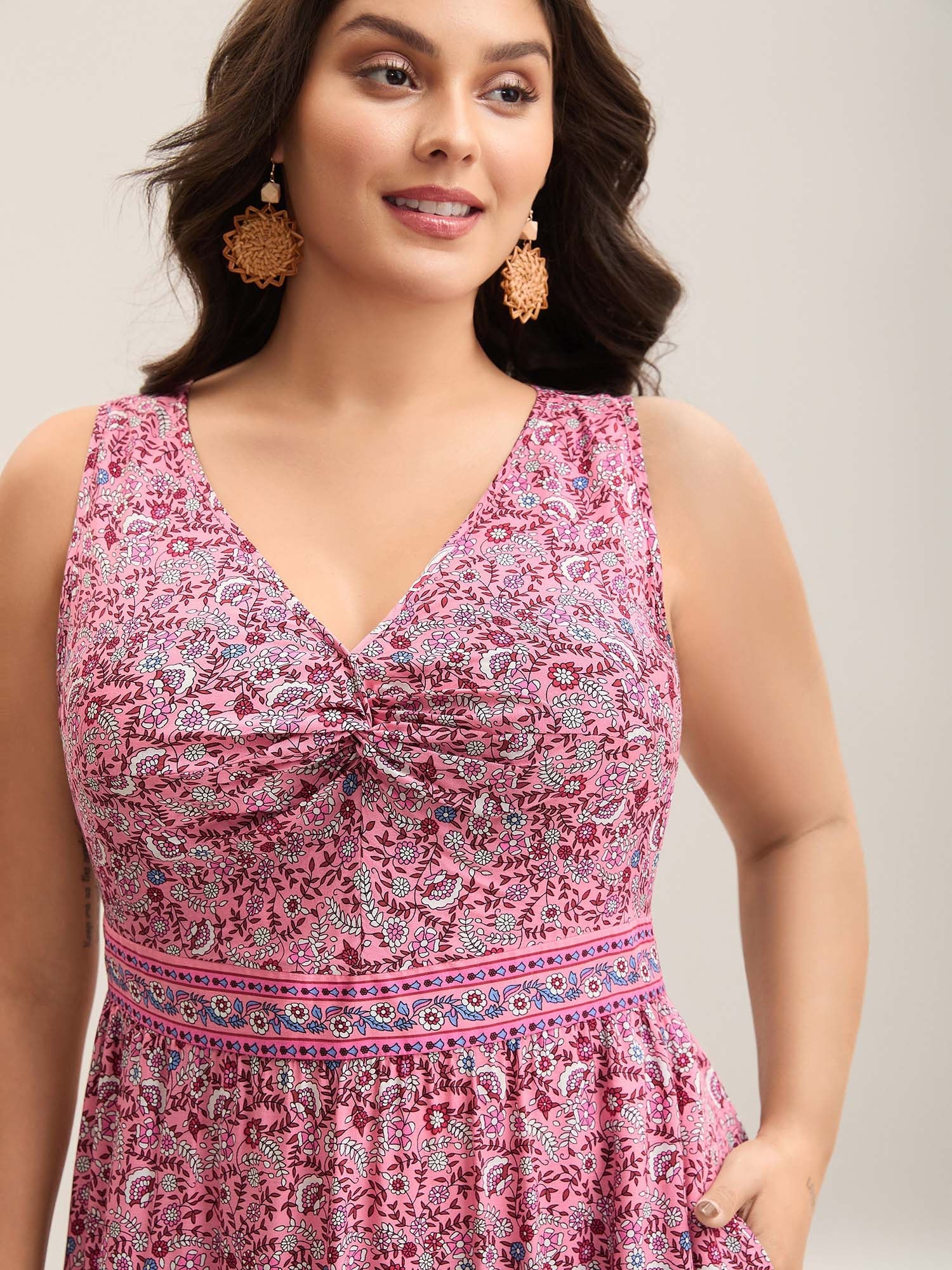 Rayon Floral Print Stretchy Waist Midi Dress