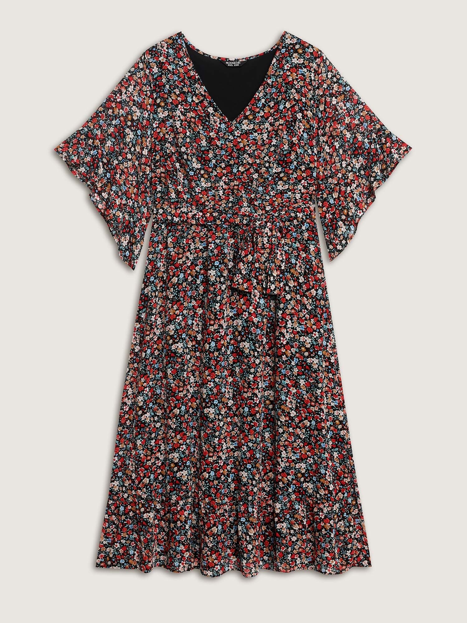 Floral Print Pockets Flared Sleeve Midi Dress