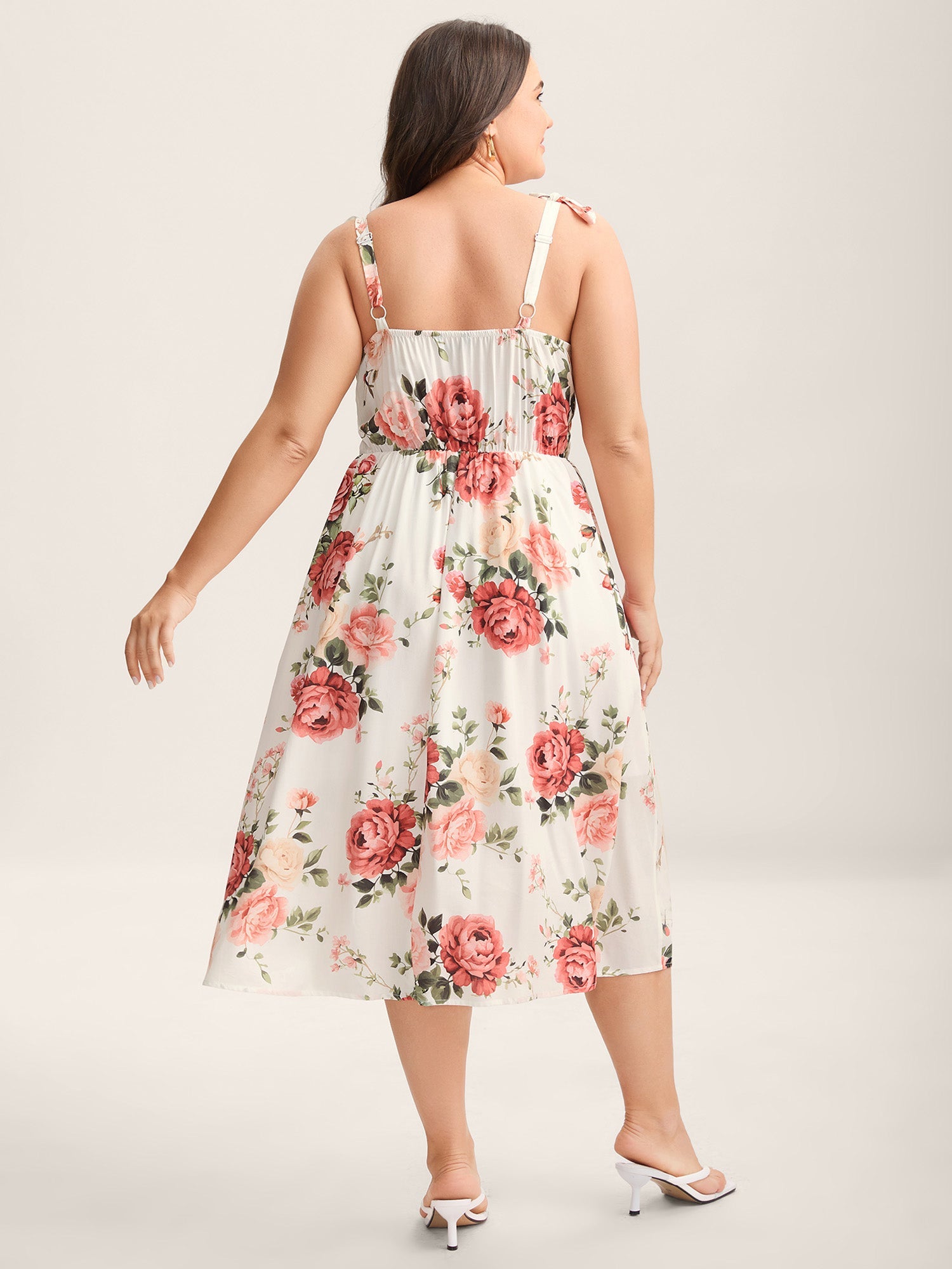 Rosy Print Bow Strap Pockets Midi Dress