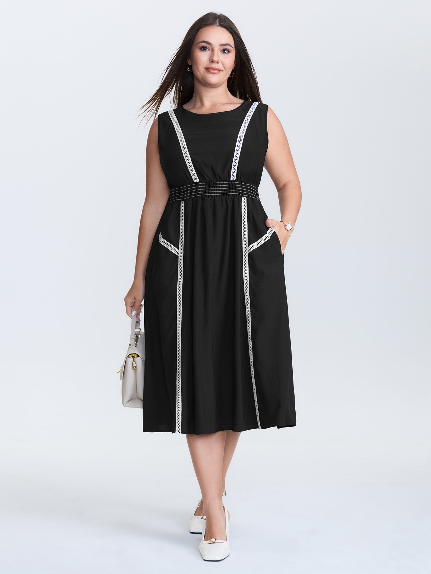 Lace Trim Shirred Waist Round Neck Midi Dress