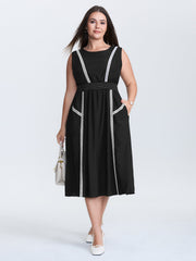 Lace Trim Shirred Waist Round Neck Midi Dress