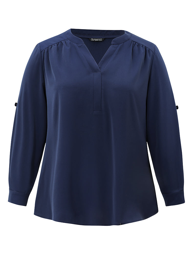 Static-Free Solid Gathered Tab Sleeve Blouse