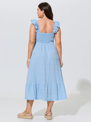 Shirred Bodice Ruffled Straps Flowy Midi Dress