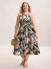 Leaf Print Halter Neck Tiered Midi Dress
