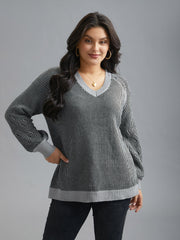 Cable Knit V-Neck Raglan Sleeve Pullover