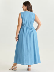 Cotton Pleated Bodice Button Detail Maxi Dress