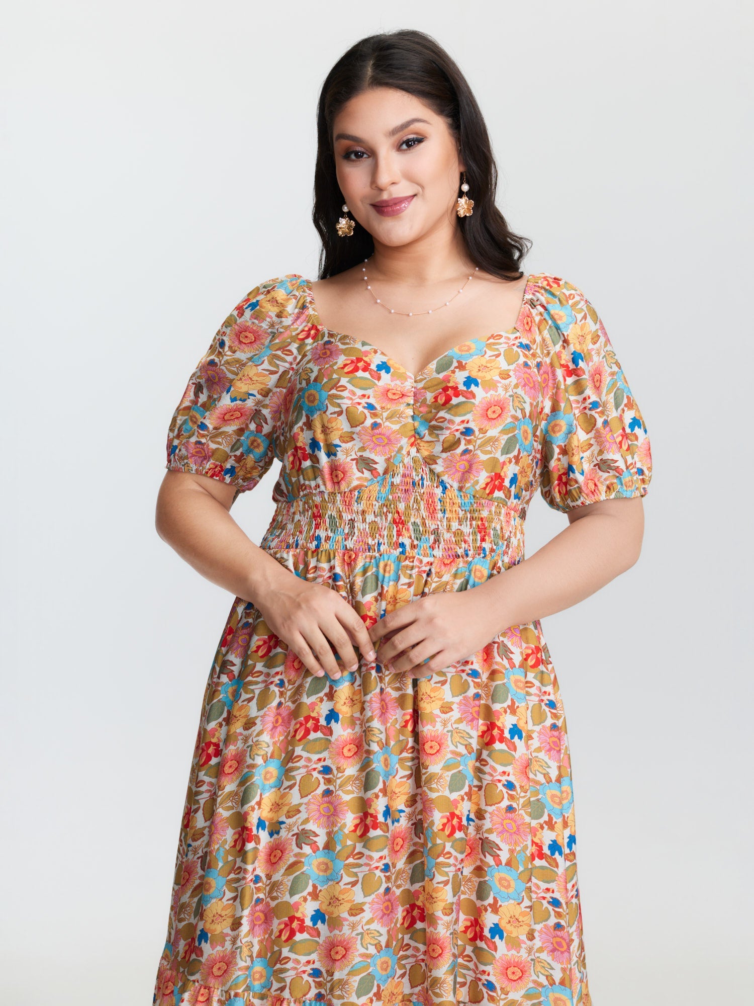 Floral Print Sweetheart Neckline Midi Dress