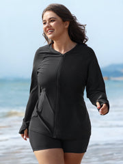 Zipper-Front Pockets Raglan Sleeve Swim Top
