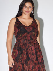Floral Print Pleated Waist-Tie Midi Dress