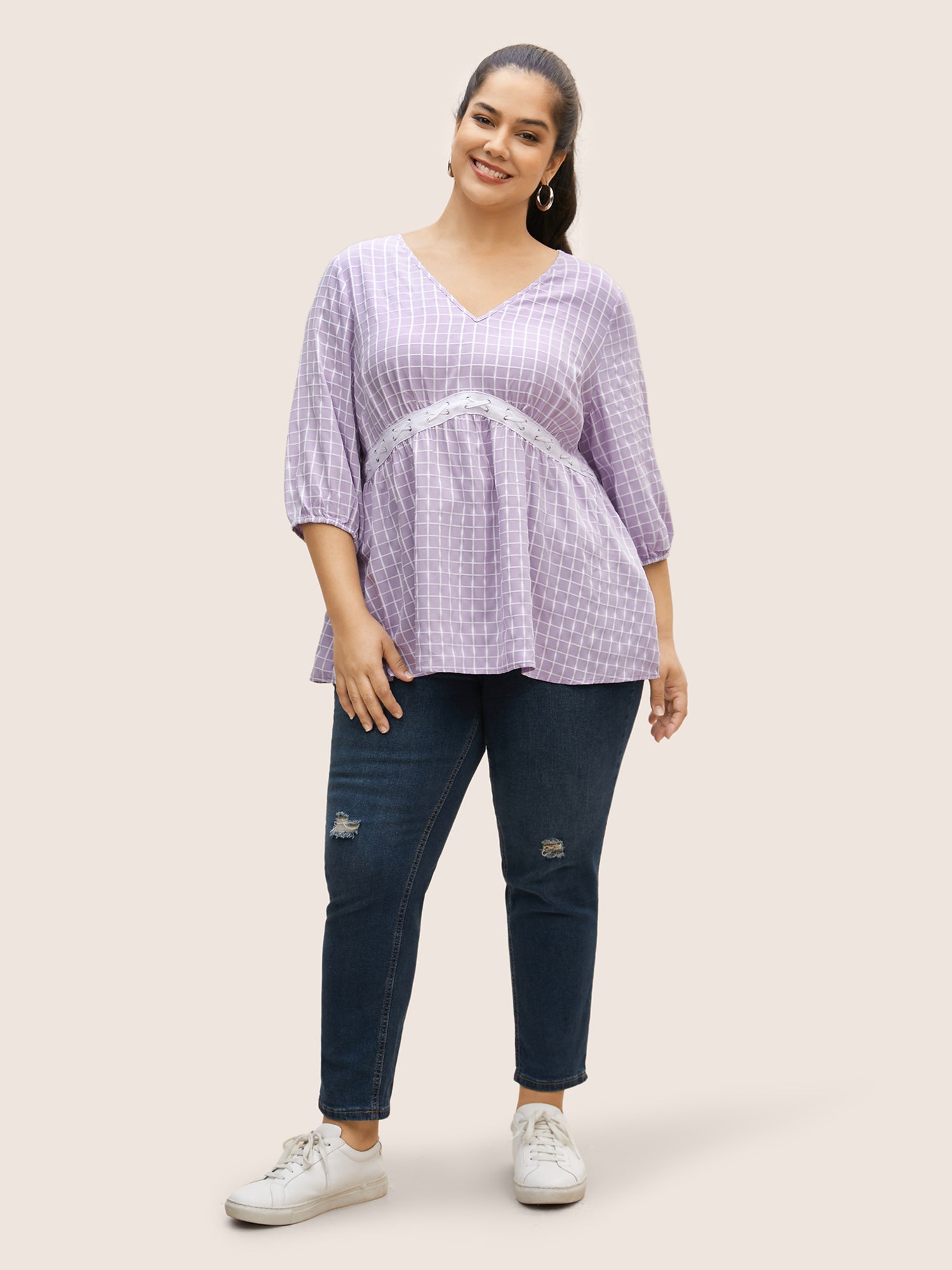 Gingham Patchwork Lantern Sleeve Blouse