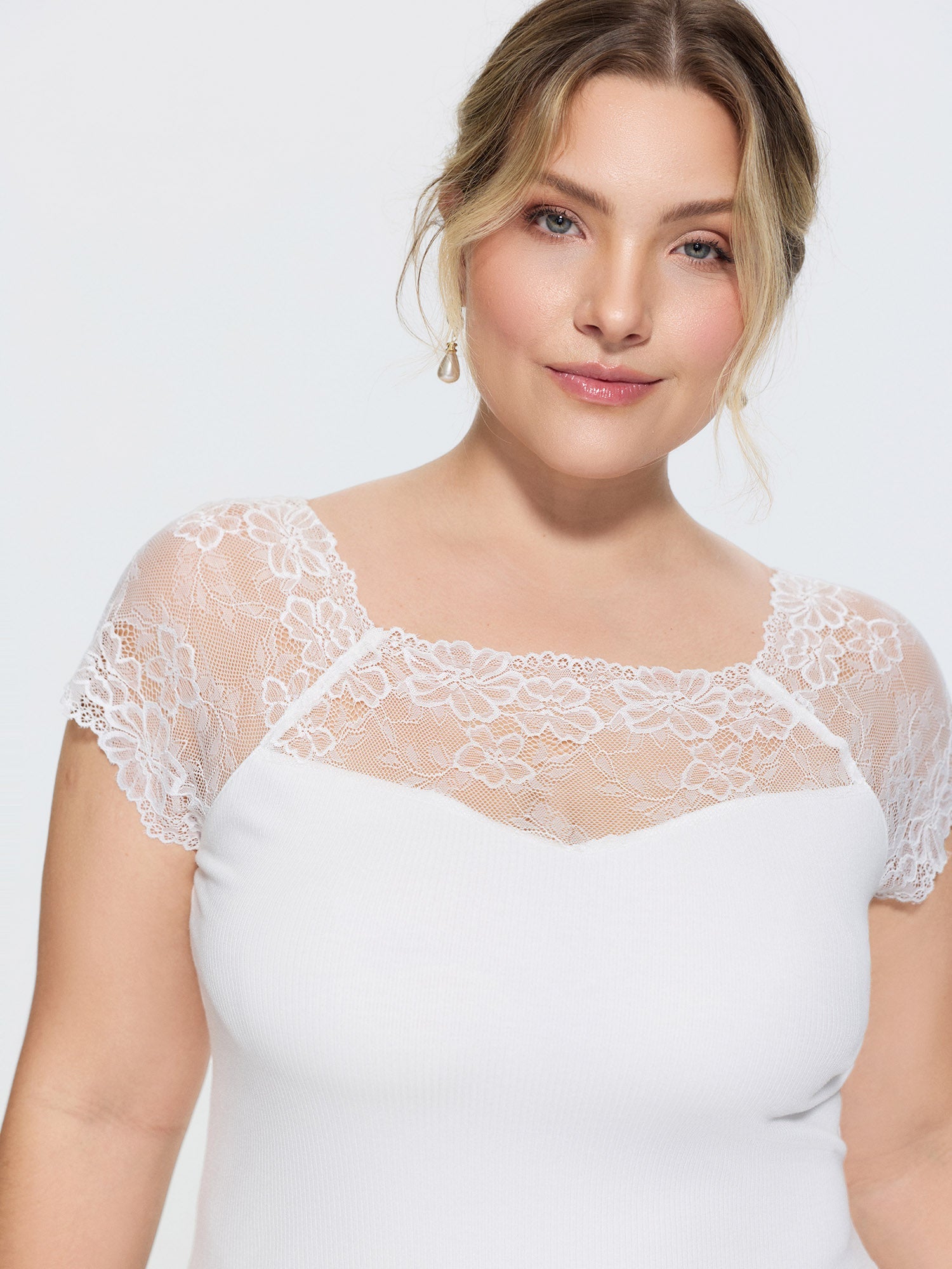 Sheer Lace Neckline Plain Knit Top