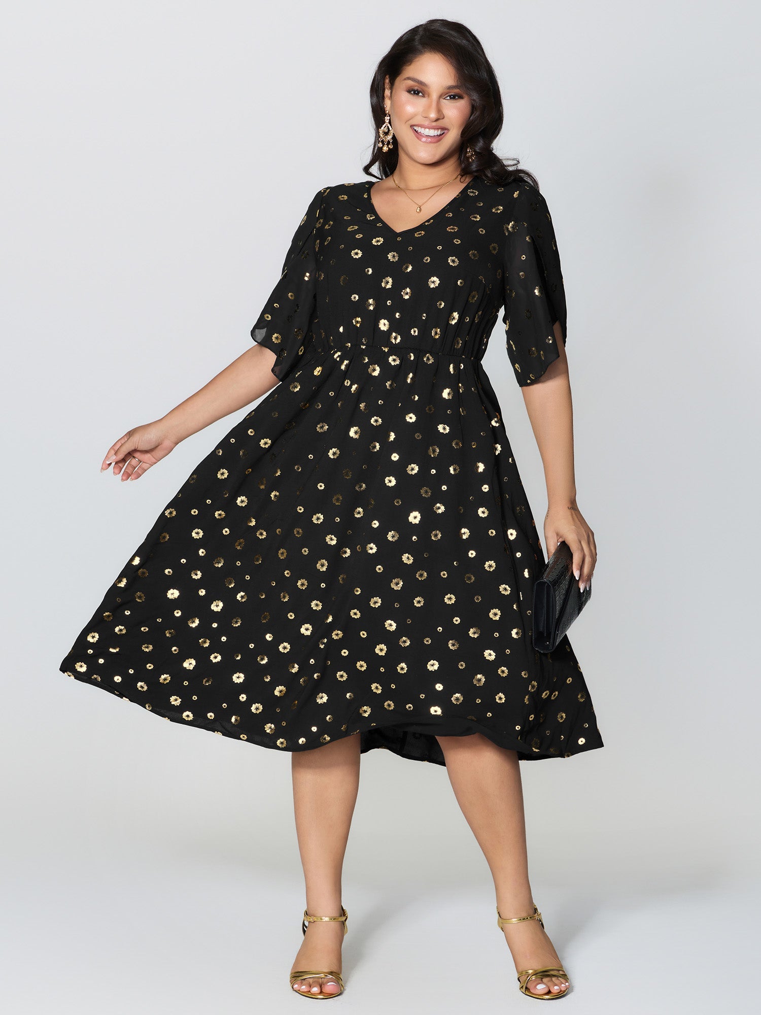 Gold Stamped Bud Sleeve Midi Dress