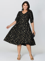 Gold Stamped Bud Sleeve Midi Dress