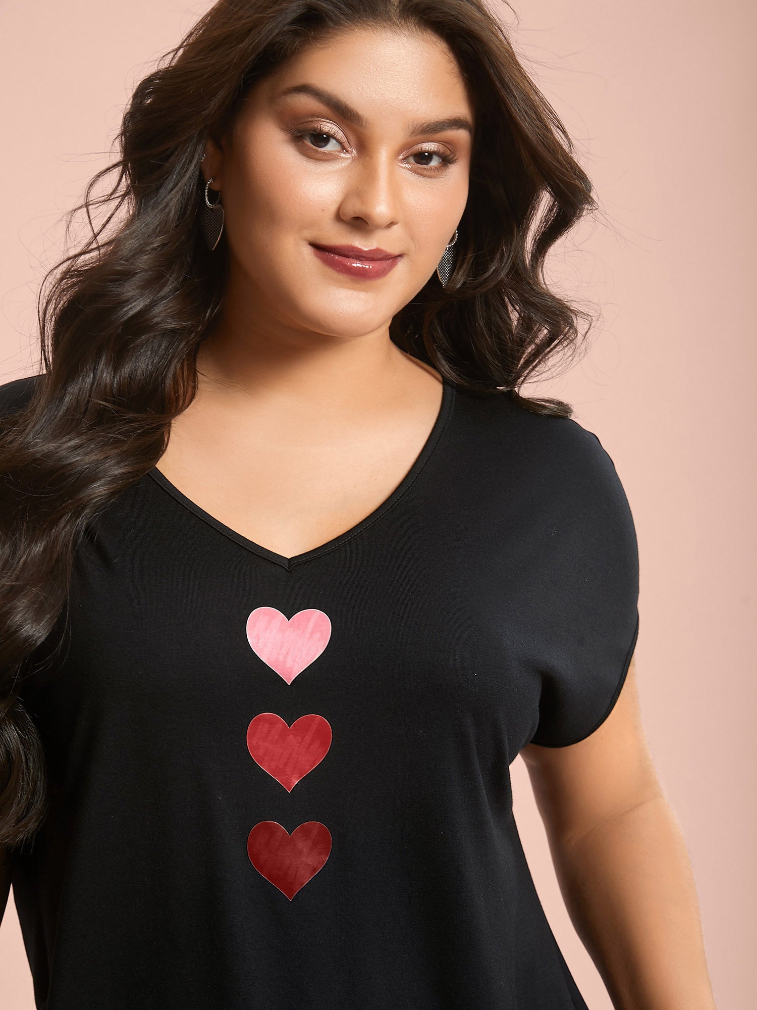 Heart Print Stretchy Dolman Sleeve T-Shirt