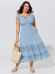 Lace Trim Ruffle Tie Front Midi Dress