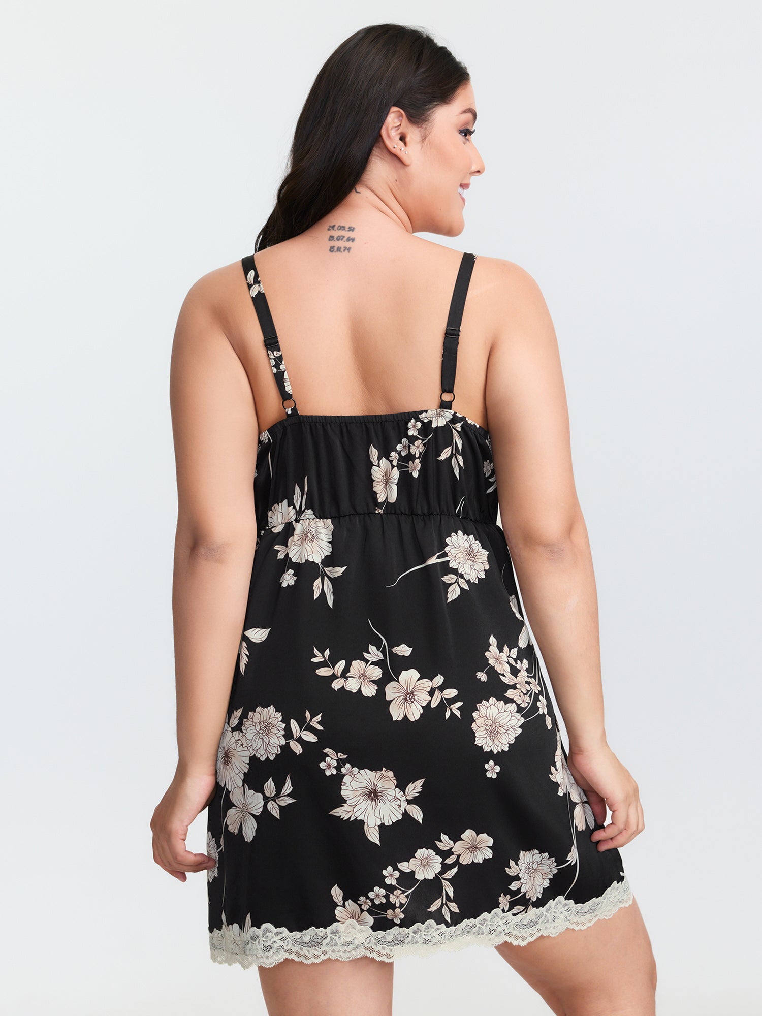 Floral Print Deep Lace Neckline Nightgown