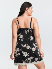 Floral Print Deep Lace Neckline Nightgown