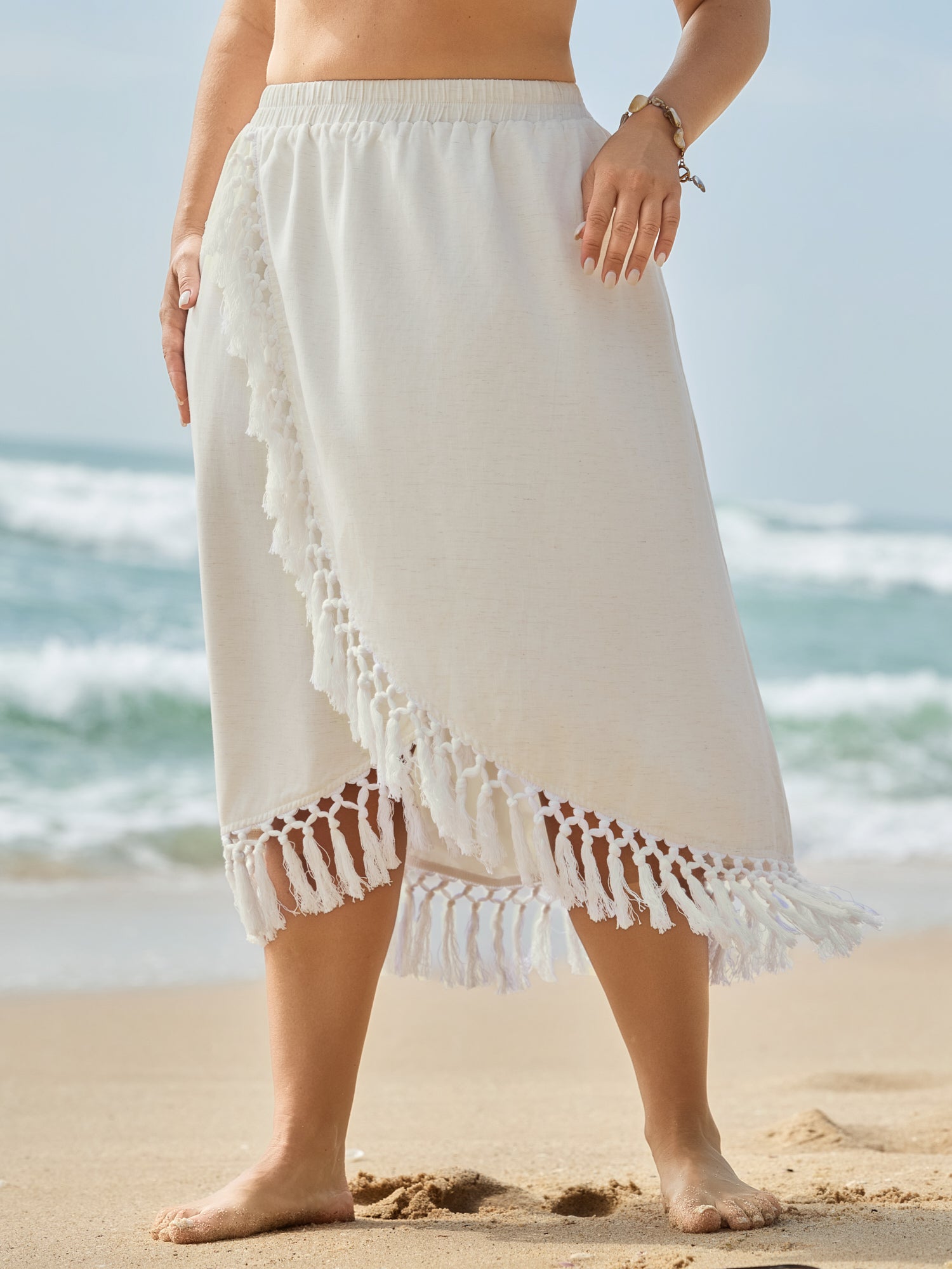 Linen Wrap Fringe Hem Maxi Skirt