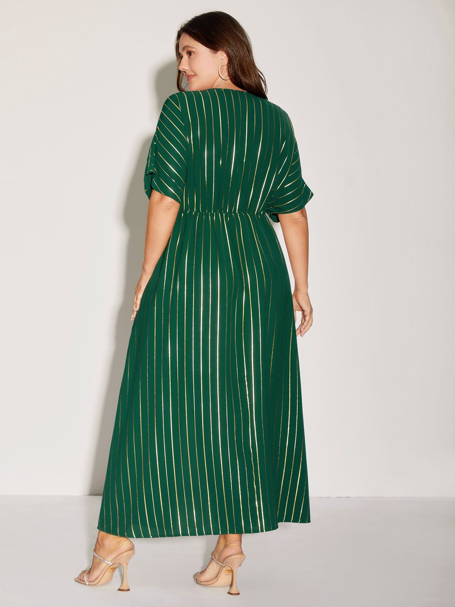Gold Shimmery Stripes Pockets Midi Dress
