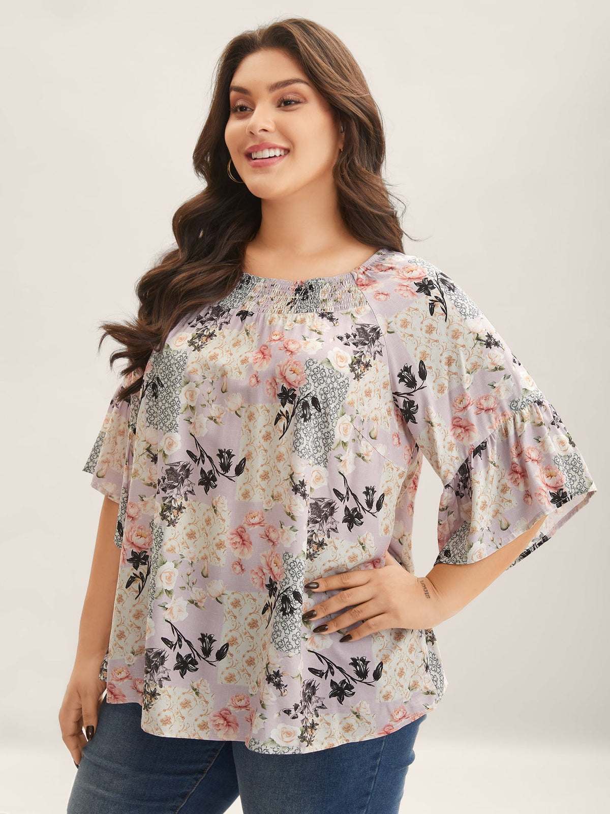 Floral Shirred Neck Flowy Blouse
