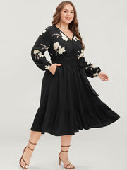 Floral Pocket Broderie Anglaise Lantern Sleeve Belted Flutter Dress