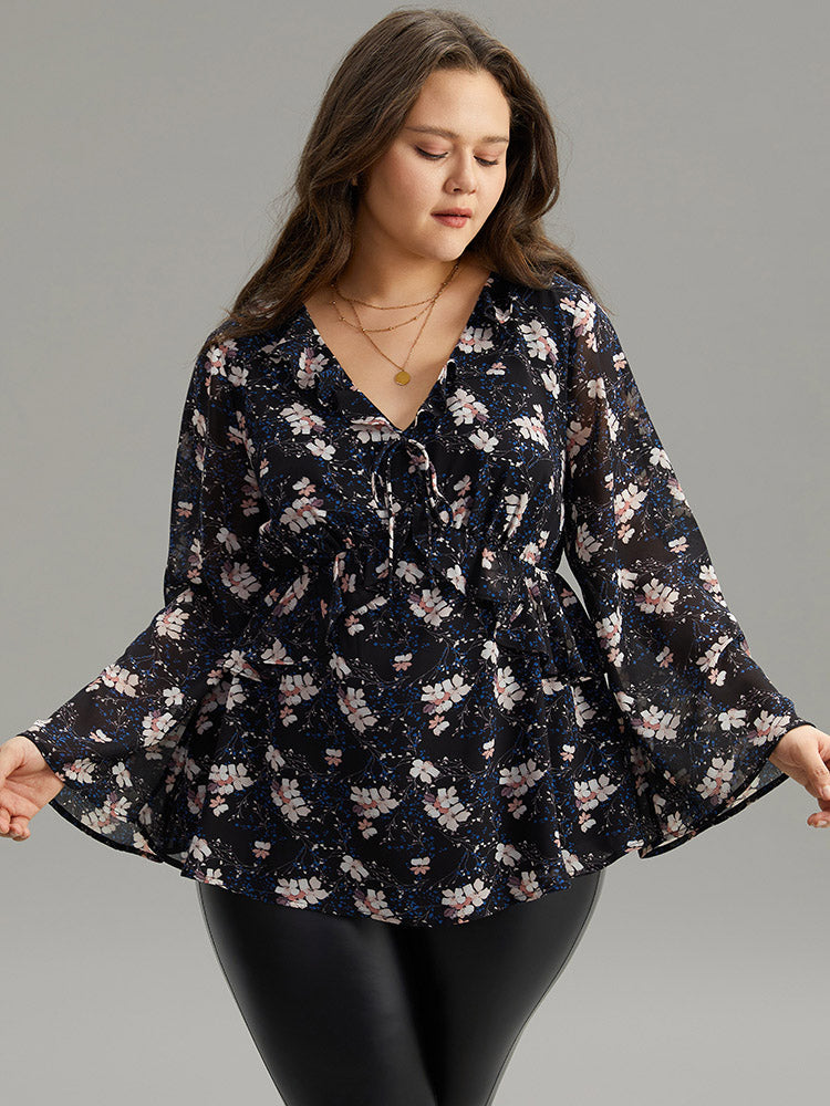 Ditsy Floral Ties Ruffles Elastic Waist Blouse