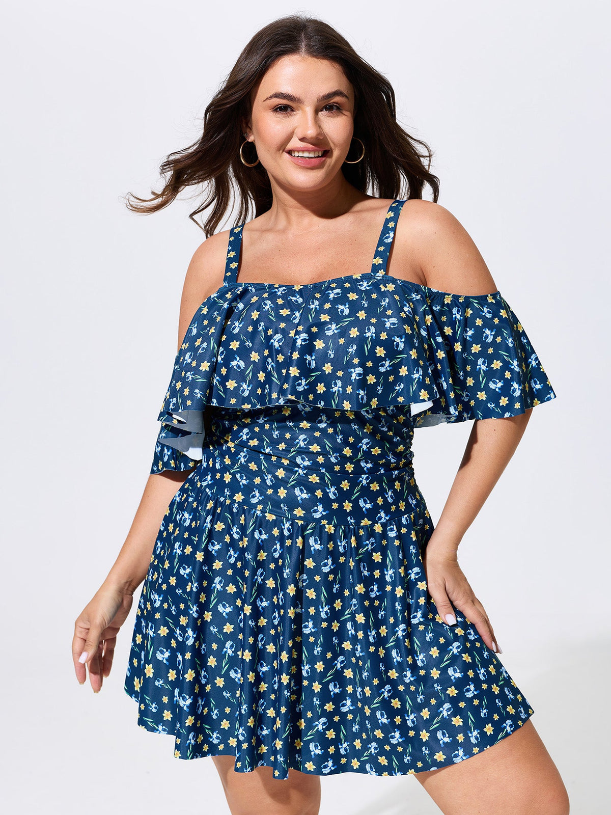Floral Print Cold-Shoulder Swim Dress