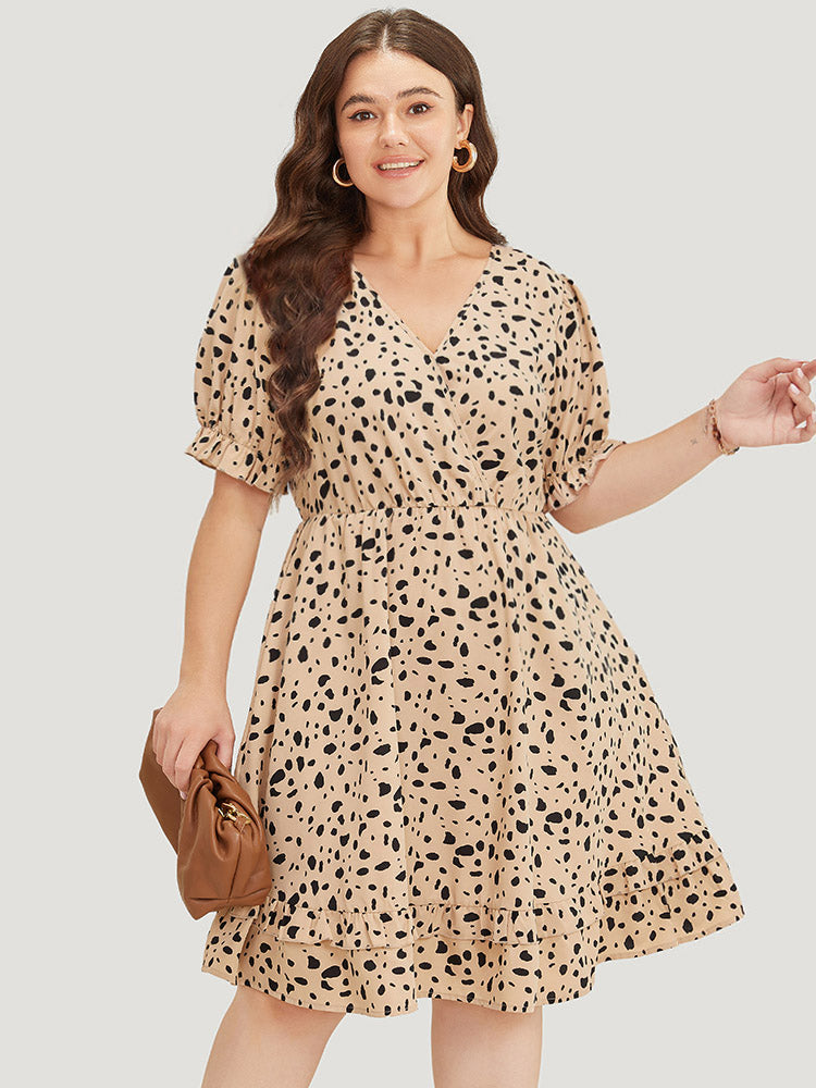 Leopard Print Puff Sleeve Pocket Wrap Ruffle Trim Dress