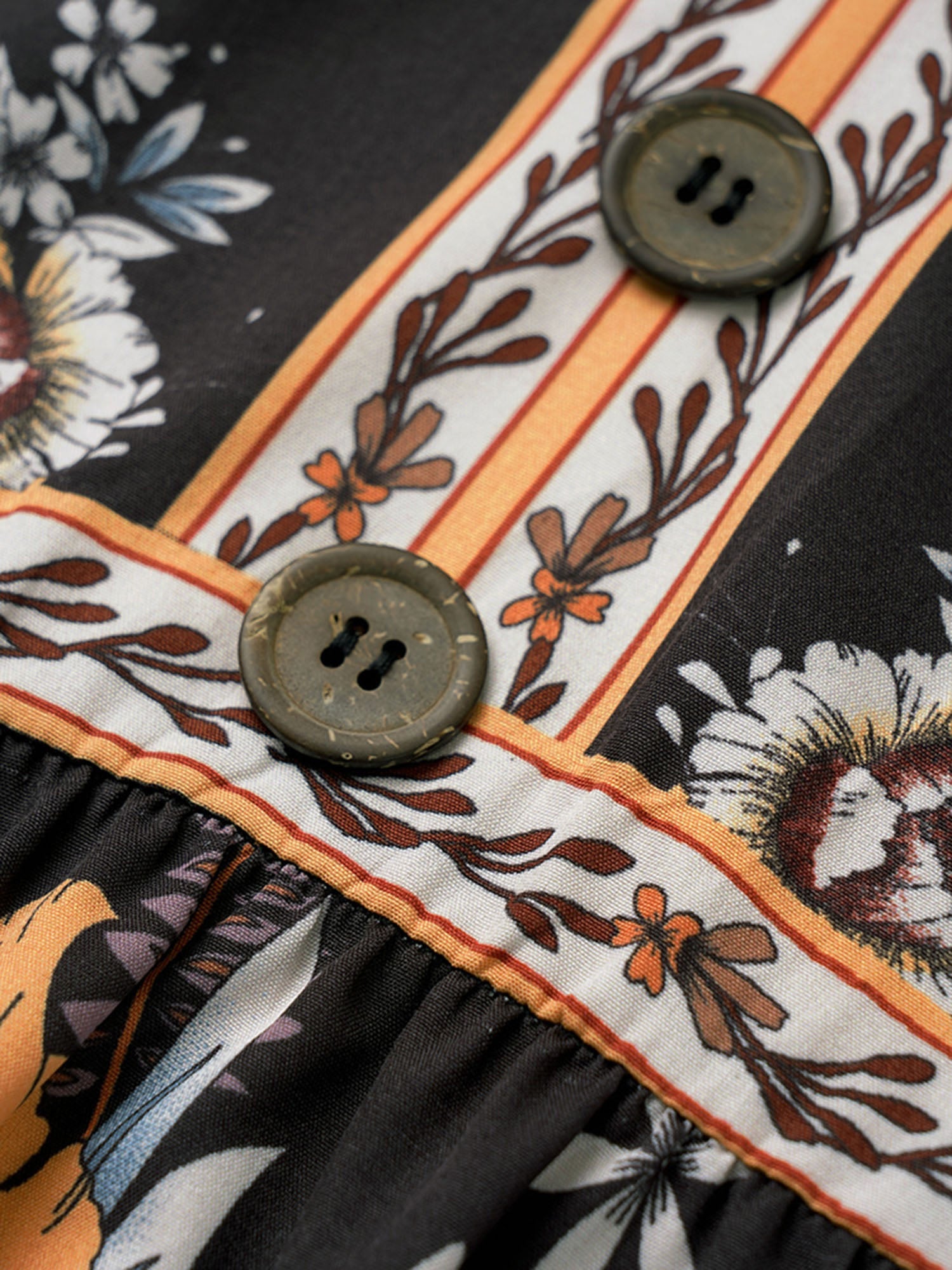 Boho Print V Neck Button Detail Gathered Blouse