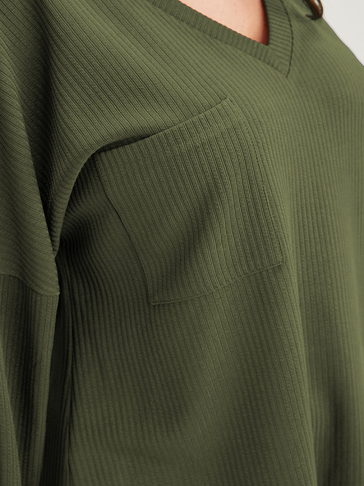 Solid Drop Shoulder Pocket Arc Hem Rib Knit Sweatshirt