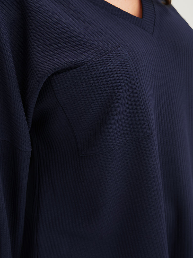 Solid Drop Shoulder Pocket Arc Hem Rib Knit Sweatshirt