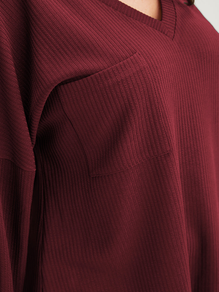Solid Drop Shoulder Pocket Arc Hem Rib Knit Sweatshirt