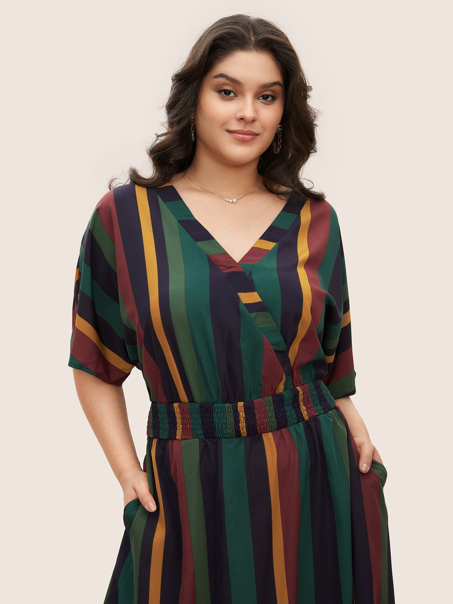 Striped Dolman Sleeve  Pocket Shirred Flutter Wrap Dress