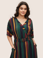 Striped Dolman Sleeve  Pocket Shirred Flutter Wrap Dress